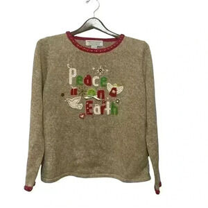 Tiara International Vintage Peace on Earth Ugly Holiday Christmas Sweater L